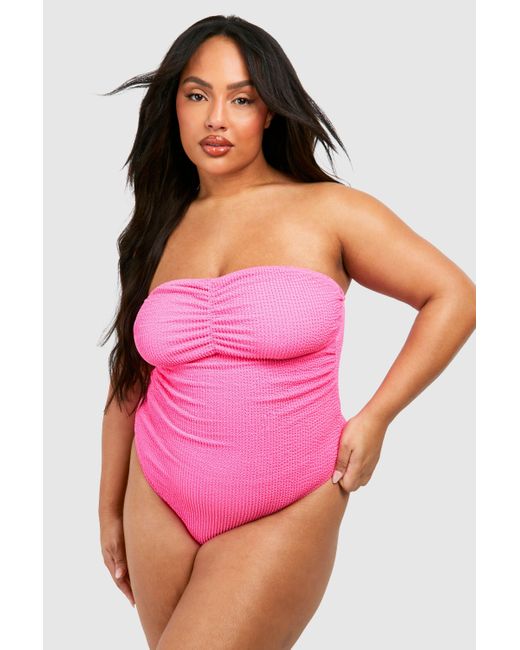 Boohoo Pink Plus Crinkle Tummy Control Bandeau Ruched Bathing Suit