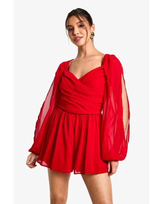 Boohoo Red Chiffon Split Sleeve Playsuit