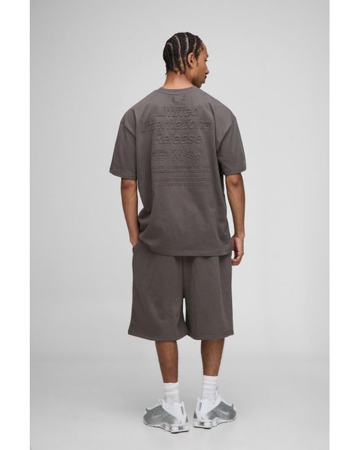 BoohooMAN Gray Oversized Peached Bm Star Embossed T-Shirt & Drop Crotch Shorts Set for men