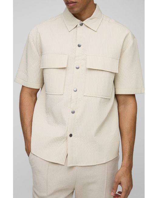 BoohooMAN Oversize Hemd mit Cargo-Taschen in Natural für Herren
