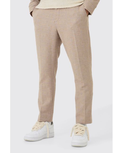 BoohooMAN Natural Textured Cotton Jacquard Smart Tapered Pants for men