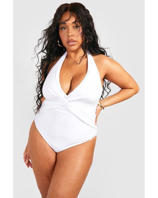 Boohoo Plus Twist Front Tummy Control Bathing Suit in White | Lyst