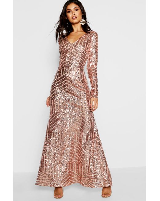 Boohoo Boutique Sequin Long Sleeve Maxi Bridesmaid Dress in Beige (Natural)  - Lyst