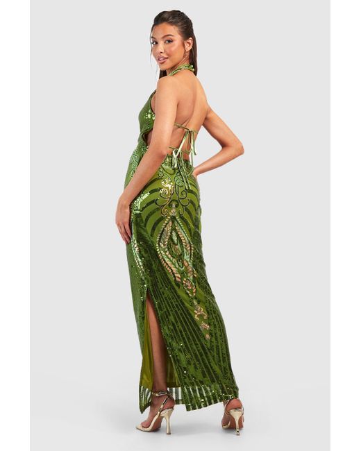 Boohoo Green Damask Sequin High Neck Maxi Dress
