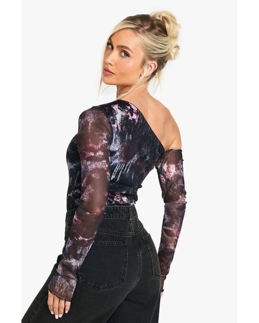 Boohoo Blue Petite Printed Mesh Asym Shoulder One Piece