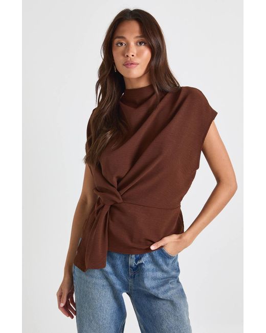 Boohoo Brown Hammered Knot Front Cowl Neck Blouse