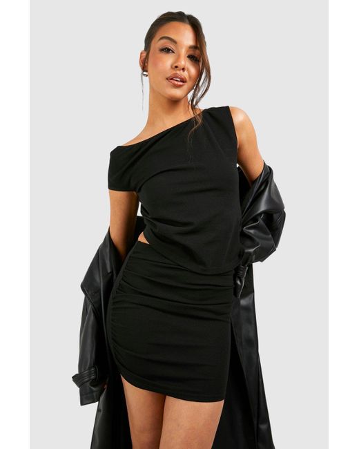 Boohoo Black Drape Asymmetric Top & Pelmet Mini Skirt