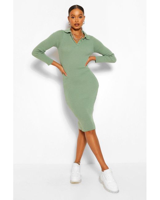 Boohoo Polo Collar Rib Knit Midi Dress 