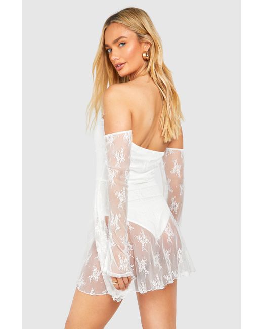 Boohoo White Bardot Lace Skater Dress
