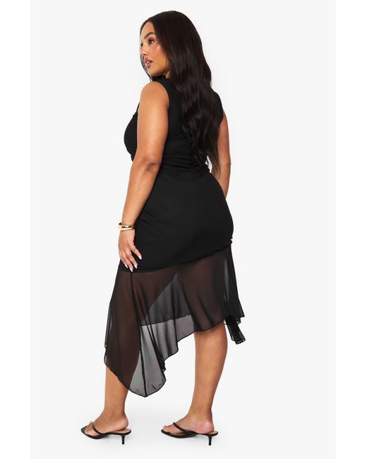 Boohoo Black Plus Ruched Mesh Drop Hem Midi Dress