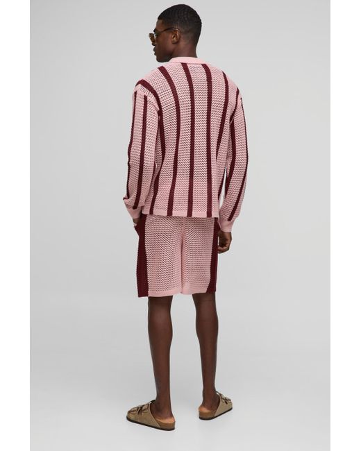 BoohooMAN Pink Relaxed Fit Side Stripe Open Stitch Knitted Shorts for men
