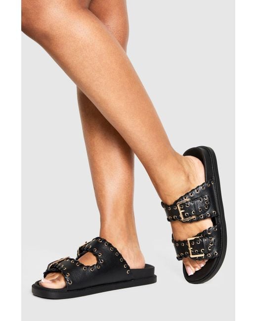 Boohoo Natural Wide Fit Whipstitch Detail Double Strap Footbed Slider