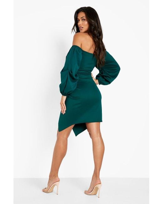 Boohoo Scuba Off The Shoulder Long Sleeve Wrap Mini Dress in Green | Lyst UK