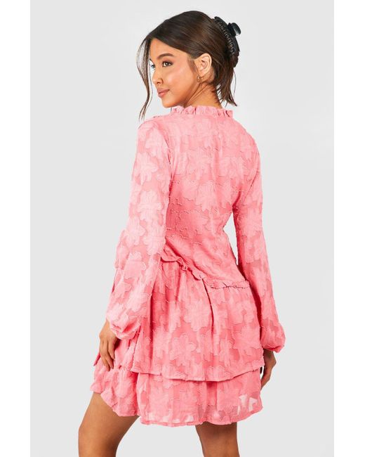 Boohoo Pink Textured Jaquard Ruffle Wrap Skater Dress