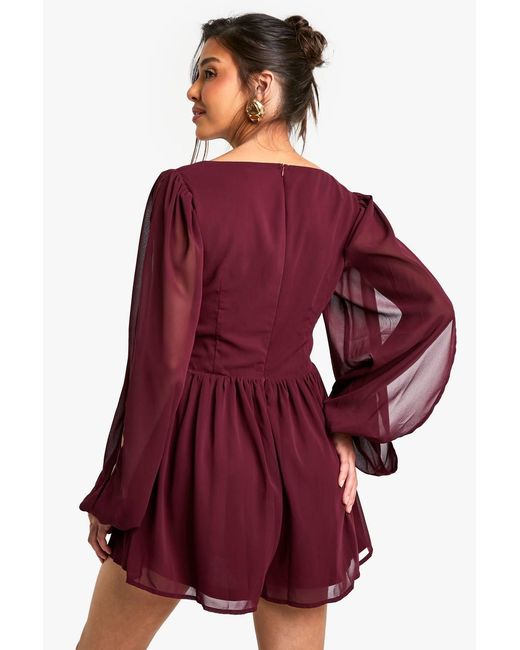 Boohoo Red Chiffon Wrap Split Sleeve Playsuit