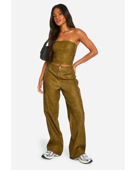 Boohoo Green Washed Faux Leather Straight Leg Trousers