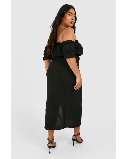 Boohoo Black Plus Textured Woven Ruched Side Split Midaxi Skirt