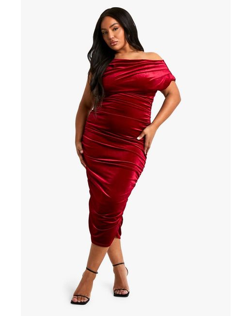 Boohoo Red Plus Velvet Asymmetric Ruched Midi Dress