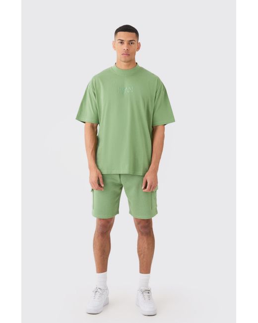BoohooMAN Man Oversized Extended Neck T-shirt And Cargo Short Set in Green für Herren
