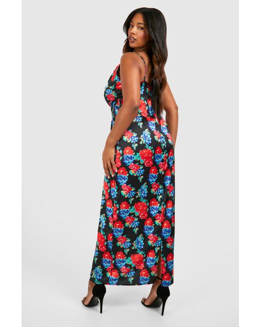 Boohoo Blue Plus Floral Printed Satin Maxi Dress