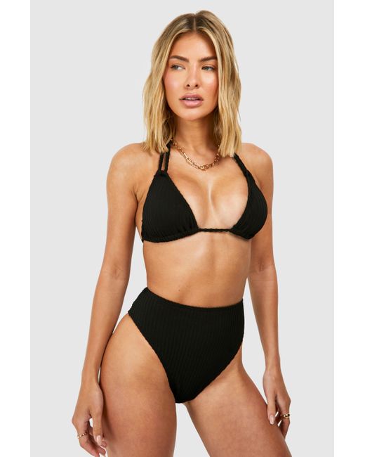 Boohoo Black Textured Triangle High Waisted Bikini Set