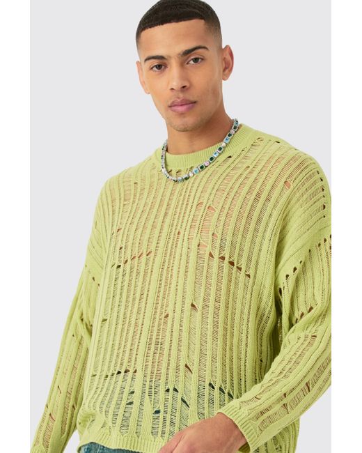 BoohooMAN Green Oversized Ladder Detail Open Knit Sweater In Sage for men