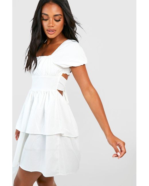 Boohoo Textured Puff Sleeve Skater Dress in White | Lyst Canada