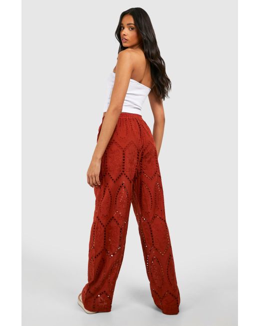 Boohoo Red Tall Woven Broderie Wide Leg Pants