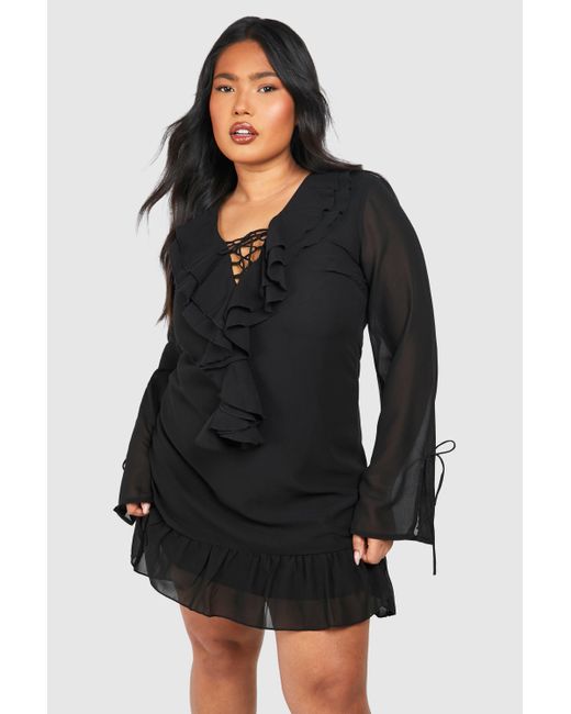Boohoo Black Plus Woven Ruffle Detail Long Sleeve Shift Dress