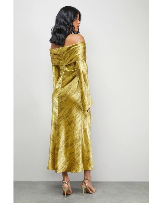 Warehouse Shimmer Satin Foldover Bardot Bias Midi Dress in Yellow