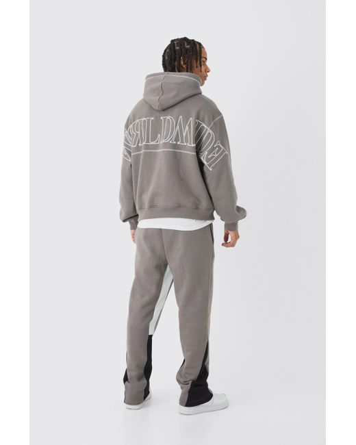 BoohooMAN Gray Oversized Worldwide Contrast Stitch Gusset Tracksuit for men