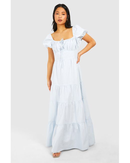 Boohoo White Petite Poplin Milkmaid Maxi Dress