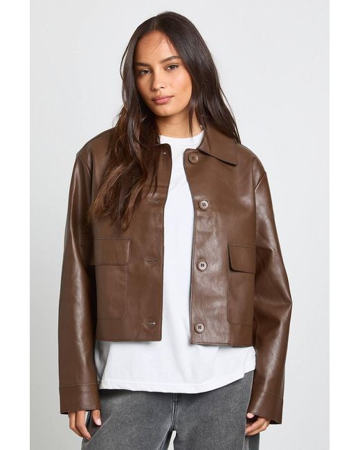 Boohoo Brown Collared Button Up Pu Jacket