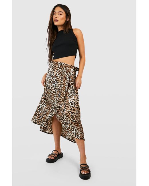 Boohoo Satin Leopard Wrap Midi Skirt |