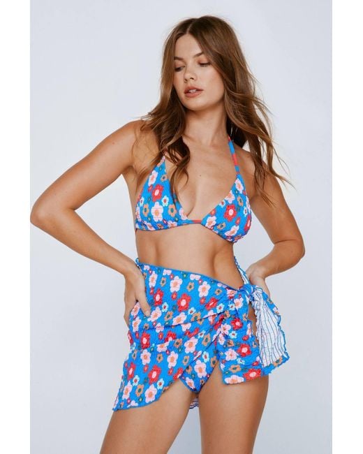 Nasty Gal Blue Shirred Floral Triangle Bikini And Sarong 3Pc