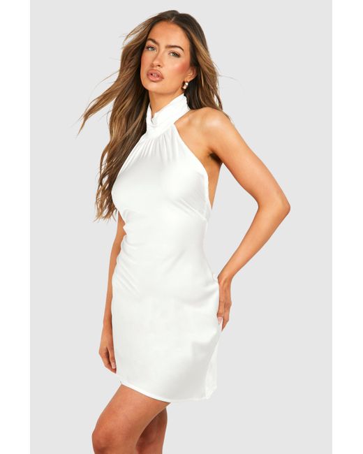 Satin Halterneck Mini Dress Boohoo de color White