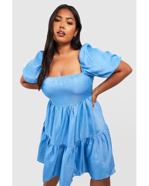Boohoo Plus Chambray Square Neck Smock Dress in Blue | Lyst