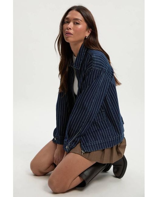 Boohoo Blue Stripe Denim Collared Jacket