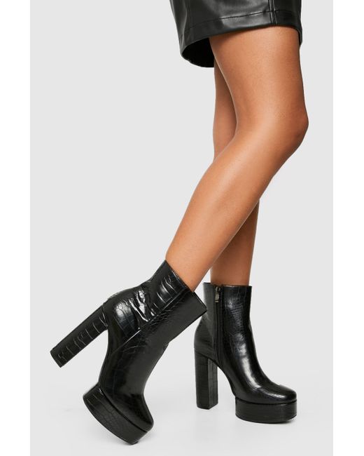 Boohoo Wide Width Croc Platform Heeled Ankle Boots in Black | Lyst Canada