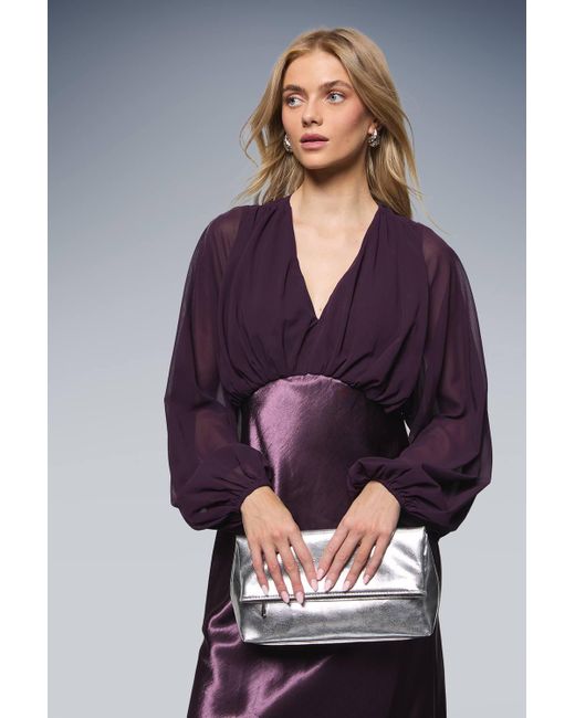 Oasis Blue Plain Balloon Sleeve V Neck Satin Chiffon Mix Midaxi Dress