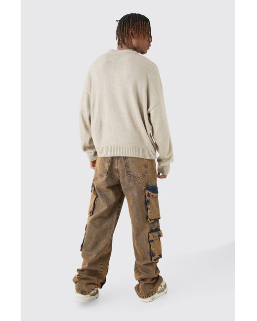 BoohooMAN Tall Baggy Fit Acid Wash Cargo Jeans in Natural für Herren