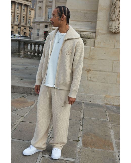 Boohoo Natural Relaxed Knitted Boucle Embroidered Jogger