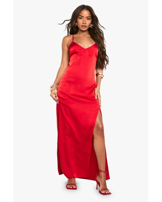 Boohoo Satin Plunge Front Split Leg Maxi Dress in Red | Lyst