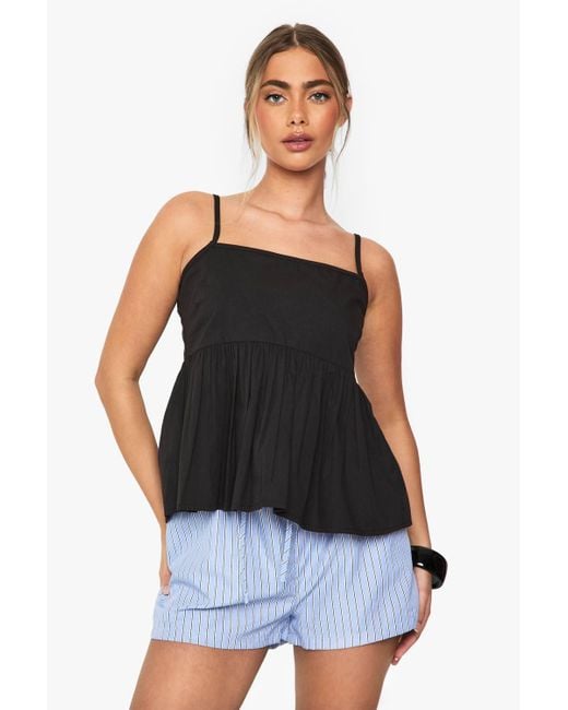 Boohoo Black Cotton Poplin Peplum Cami