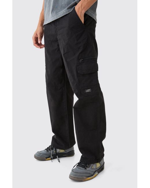 BoohooMAN Black Fixed Waist Cargo Zip Pants With Woven Tab for men