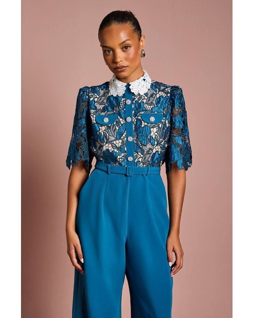 Coast Blue Petite Lace Shirt Short Sleeve Jumpsuit