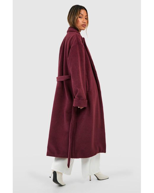 Boohoo Cuff Detail Belted Textured Wool Look Coat