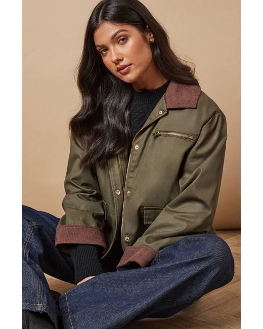Oasis Brown Cord Collar Button Through Waxed Jacket