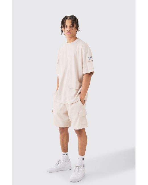 BoohooMAN Natural Oversized Cargo T-shirt And Short Set for men