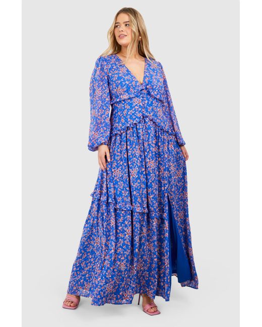 Boohoo Blue Plus Ditsy Floral Waist Detail Maxi Dress